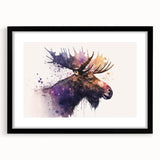 Framed wall art featuring a moose and elk design, presented with a black frame and mat, highlighting intricate wildlife details and vibrant colors. Perfect for nature lovers and home decor enthusiasts.