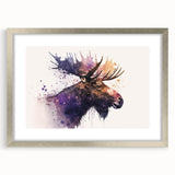 Framed wall art featuring a moose and elk design, showcasing intricate wildlife details in a silver frame with matting, perfect for nature enthusiasts' decor.