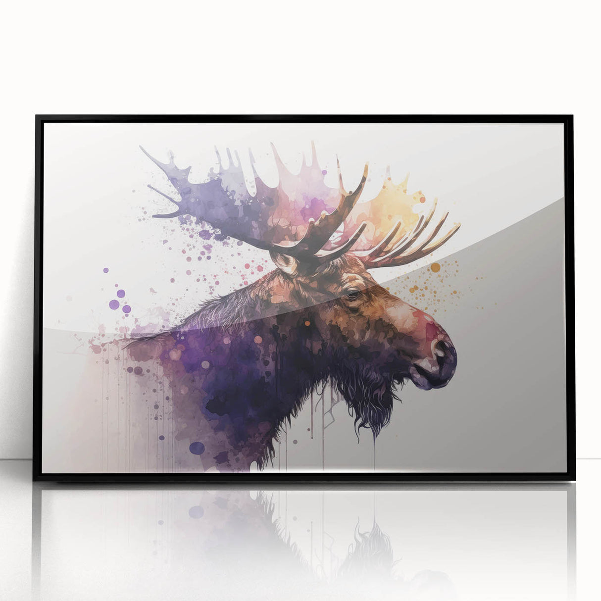 Framed wall art featuring a moose and elk design, set against a black background, showcasing intricate details and vibrant colors, perfect for wildlife enthusiasts.