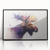 Framed wall art featuring a moose and elk design, set against a black background, showcasing intricate details and vibrant colors, perfect for wildlife enthusiasts.