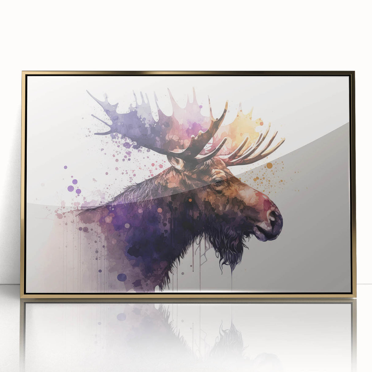 Framed wall art showcasing a detailed moose and elk design in a gold-acrylic frame, perfect for nature-themed decor, adding elegance to any room.