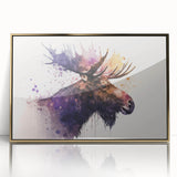 Framed wall art showcasing a detailed moose and elk design in a gold-acrylic frame, perfect for nature-themed decor, adding elegance to any room.