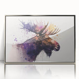Framed wall art featuring a serene moose and elk design in a silver-acrylic finish, showcasing wildlife in a tranquil forest setting, perfect for nature lovers.