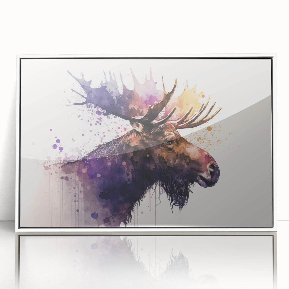Framed wall art featuring a moose and elk design in a white frame, showcasing vibrant wildlife colors and intricate details, perfect for nature lovers' decor.