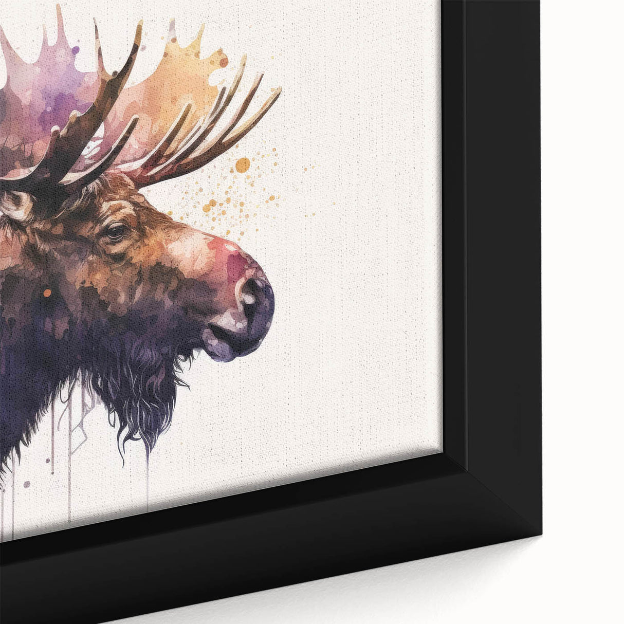 Close-up of a framed canvas wall art featuring an intricate design of moose and elk in a vibrant natural setting, ideal for wildlife enthusiasts and home decor.