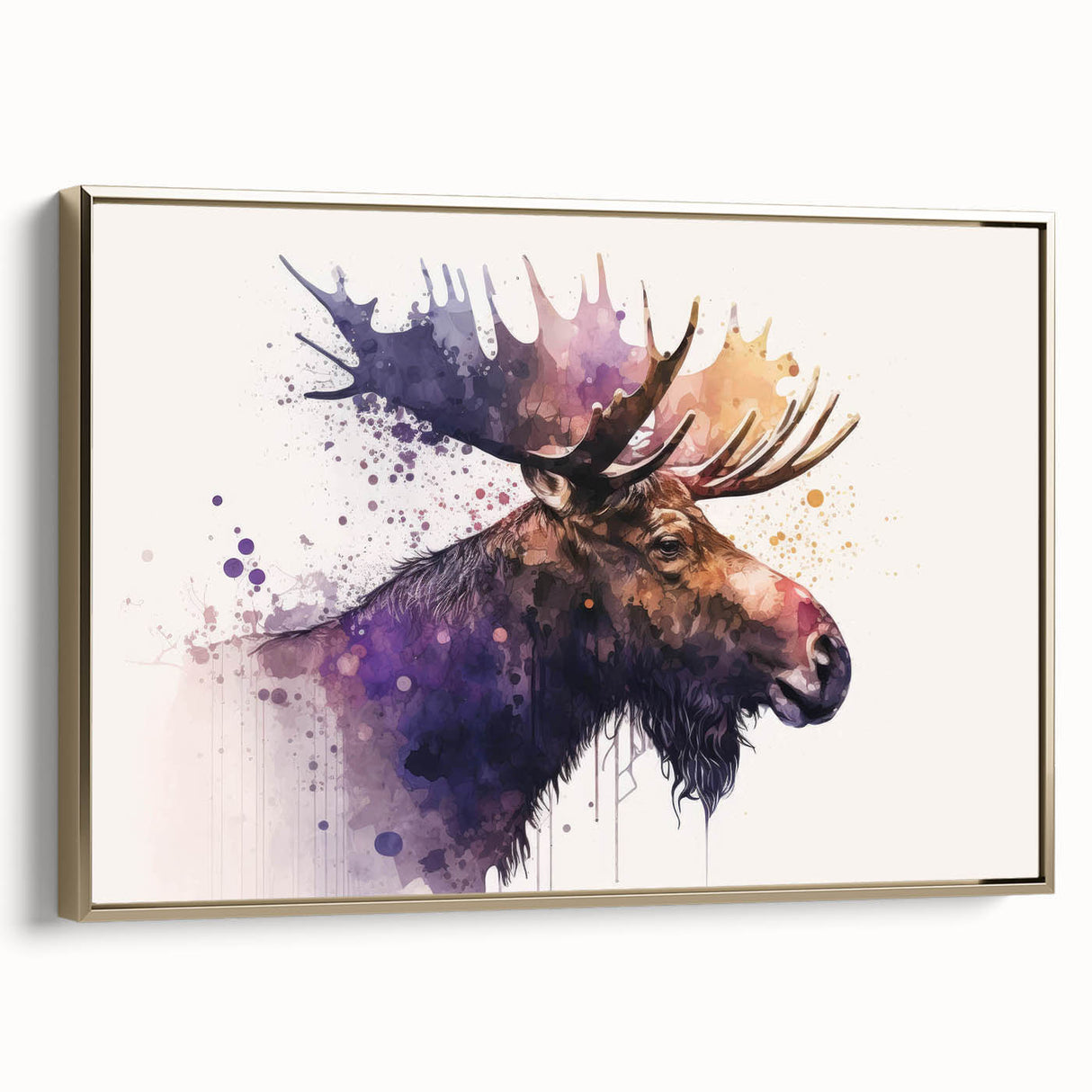 Framed canvas wall art featuring a majestic moose and elk design in a natural setting, highlighted with gold accents, perfect for wildlife enthusiasts and home decor.