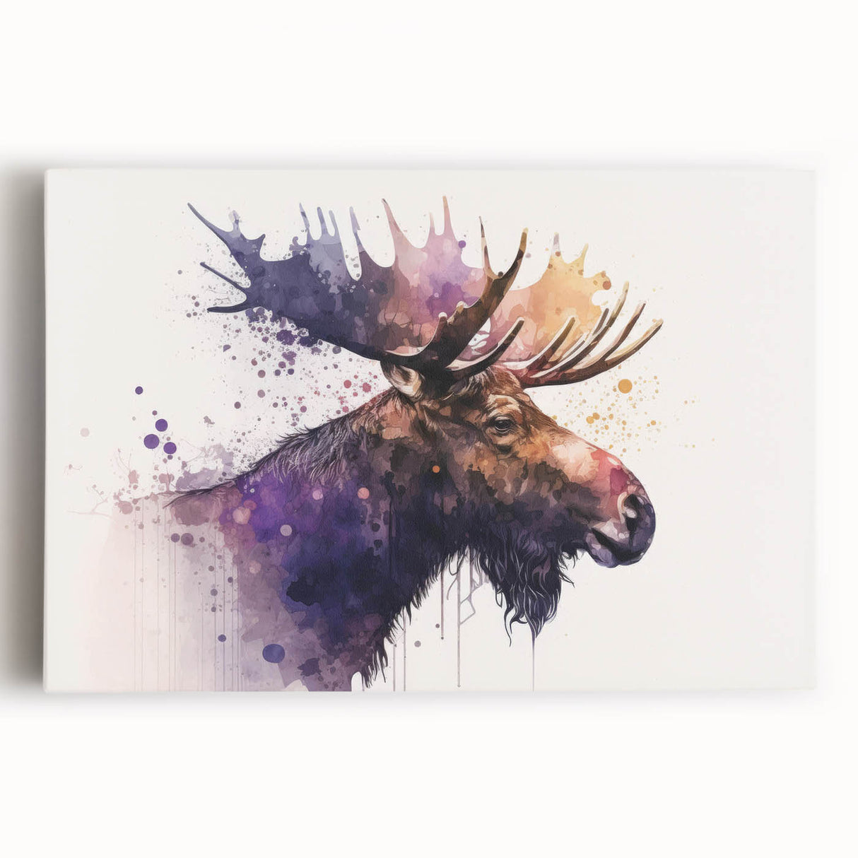 Front view of a stretched canvas wall art piece showcasing a moose and elk design, featuring vibrant colors and intricate details, ideal for wildlife enthusiasts.