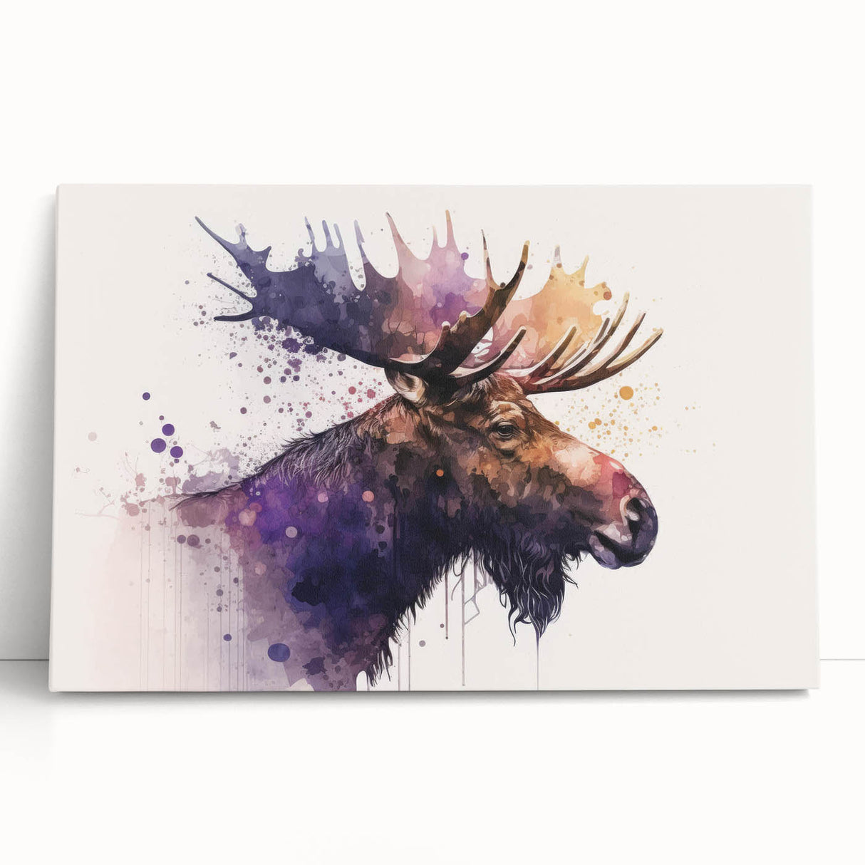 Stretched canvas wall art featuring a serene moose and elk design, showcasing natural wildlife in rich colors, perfect for enhancing home decor with a rustic touch.