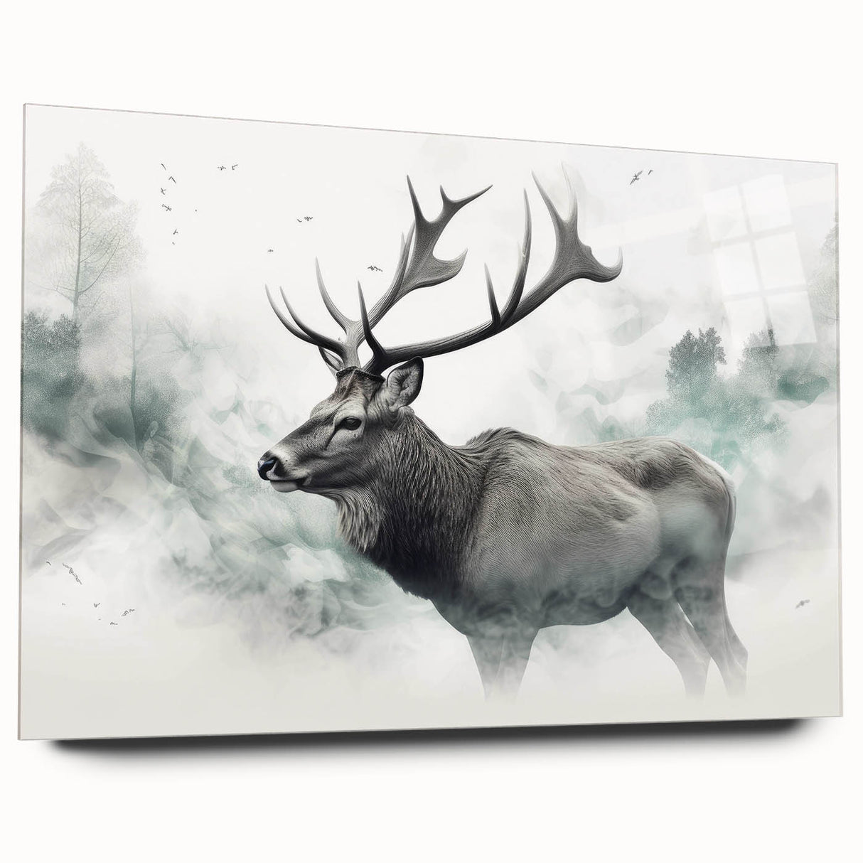 Side view of an elegant moose and elk wall art design showcased in acrylic glass, featuring vibrant colors and intricate details, perfect for wildlife enthusiasts' decor.