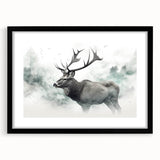 Moose and elk wall art collection in an elegant black frame with a mat, showcasing a detailed wildlife design. Perfect for nature enthusiasts' decor.
