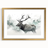 Framed wall art featuring a majestic moose and elk design, showcasing intricate details and a gold frame, ideal for nature-themed decor in living spaces.