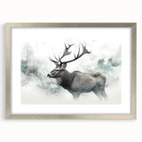 Framed wall art collection showcasing a moose and elk design, featuring a silver frame and matting, perfect for wildlife enthusiasts and rustic decor.