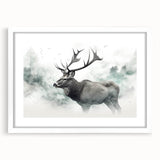 Moose and elk wall art collection framed in white, showcasing a vibrant nature design ideal for wildlife enthusiasts, enhancing home decor with natural themes.