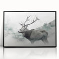 Framed wall art featuring a moose and elk design in a black frame, highlighting intricate details and vibrant colors, perfect for nature enthusiasts' decor.