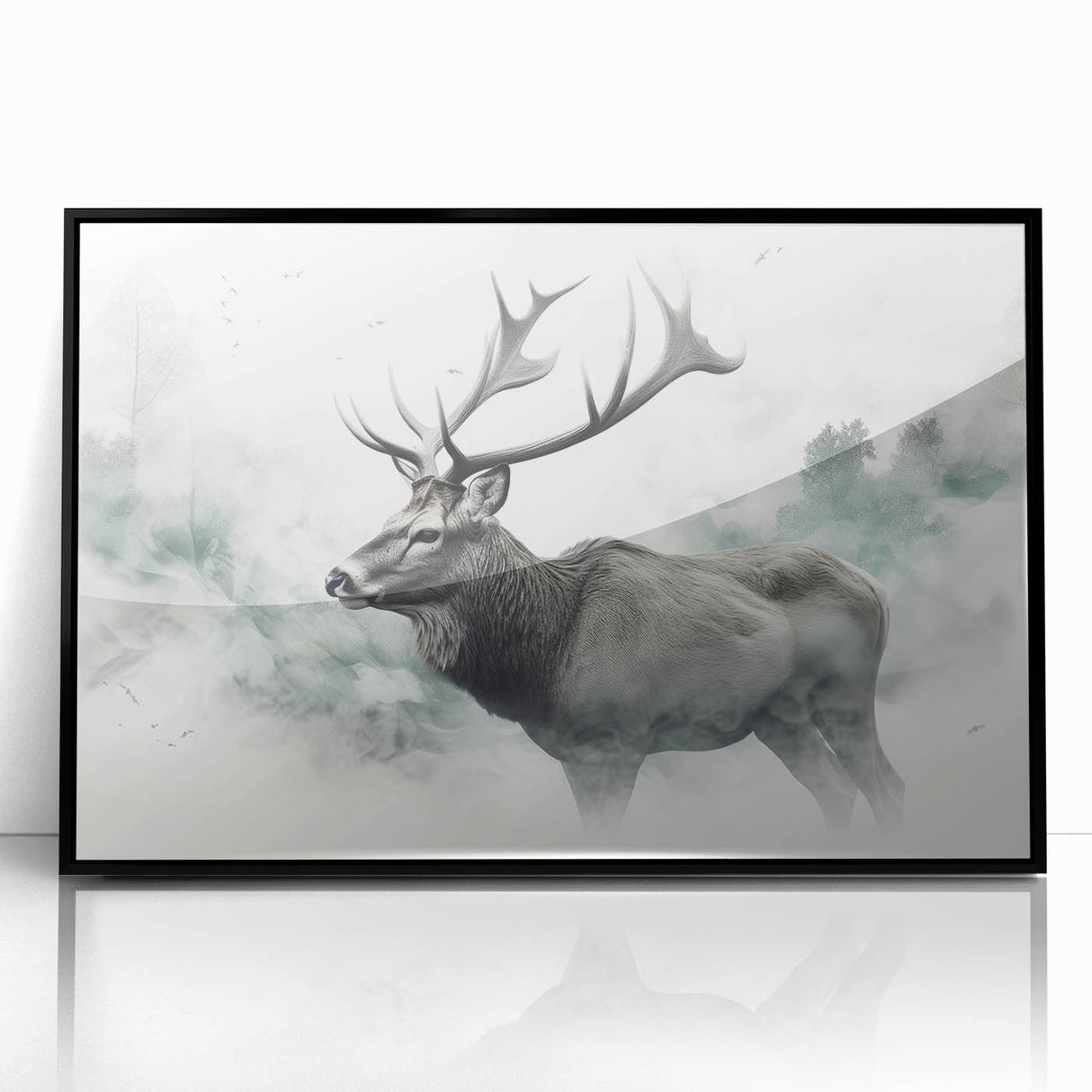 Framed wall art featuring a moose and elk design in a black frame, highlighting intricate details and vibrant colors, perfect for nature enthusiasts' decor.
