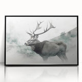 Framed wall art featuring a moose and elk design in a black frame, highlighting intricate details and vibrant colors, perfect for nature enthusiasts' decor.