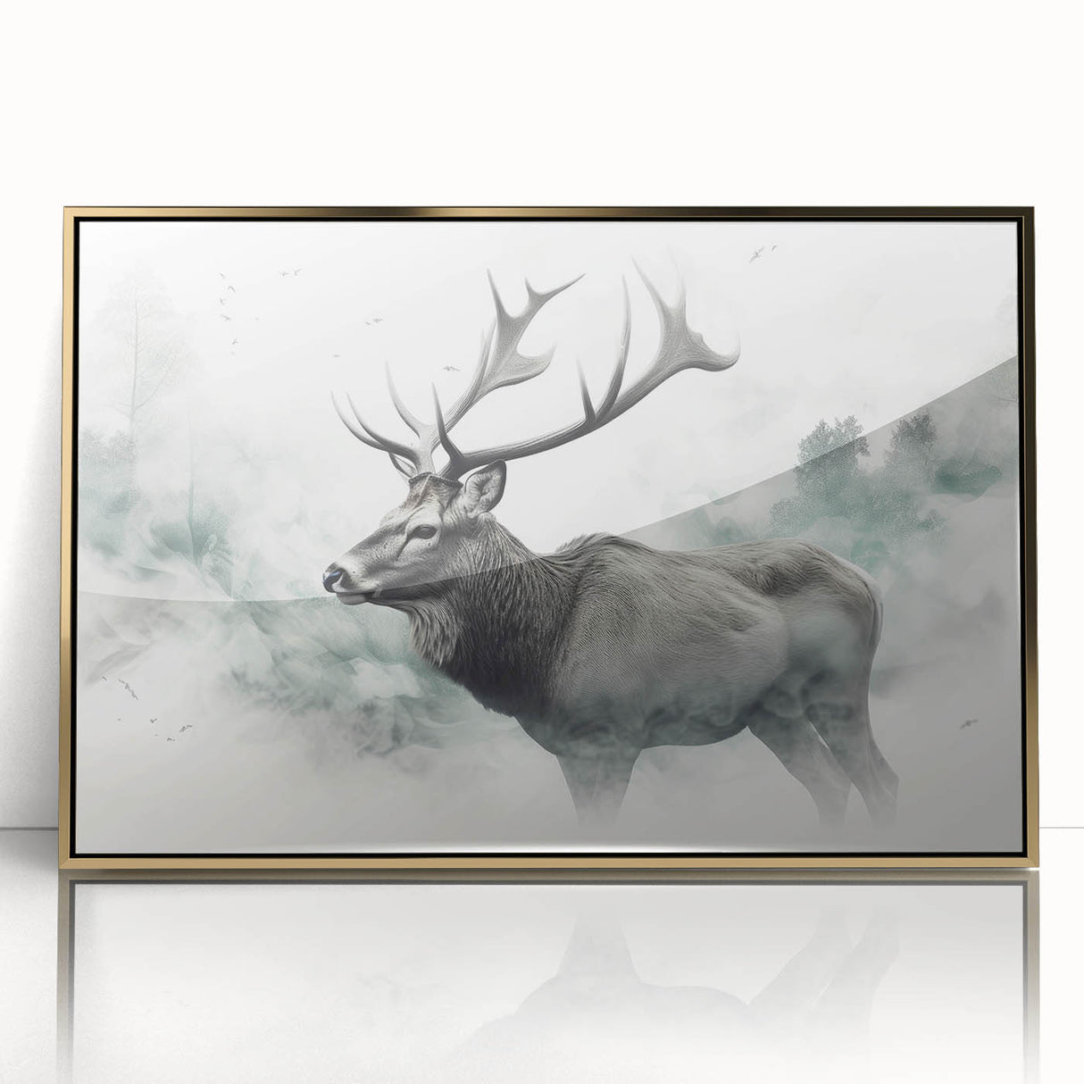 Framed acrylic wall art showcasing a striking moose and elk design, featuring rich colors and intricate details, ideal for wildlife enthusiasts and home decor.
