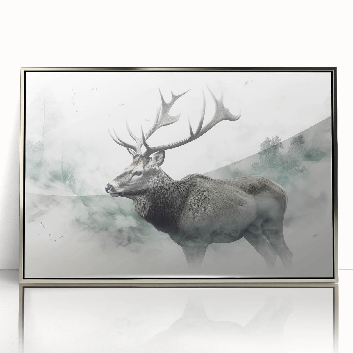 Framed wall art featuring a moose and elk design in a silver frame, showcasing intricate details and vibrant colors, perfect for nature lovers and home decor enthusiasts.