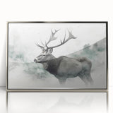 Framed wall art featuring a moose and elk design in a silver frame, showcasing intricate details and vibrant colors, perfect for nature lovers and home decor enthusiasts.