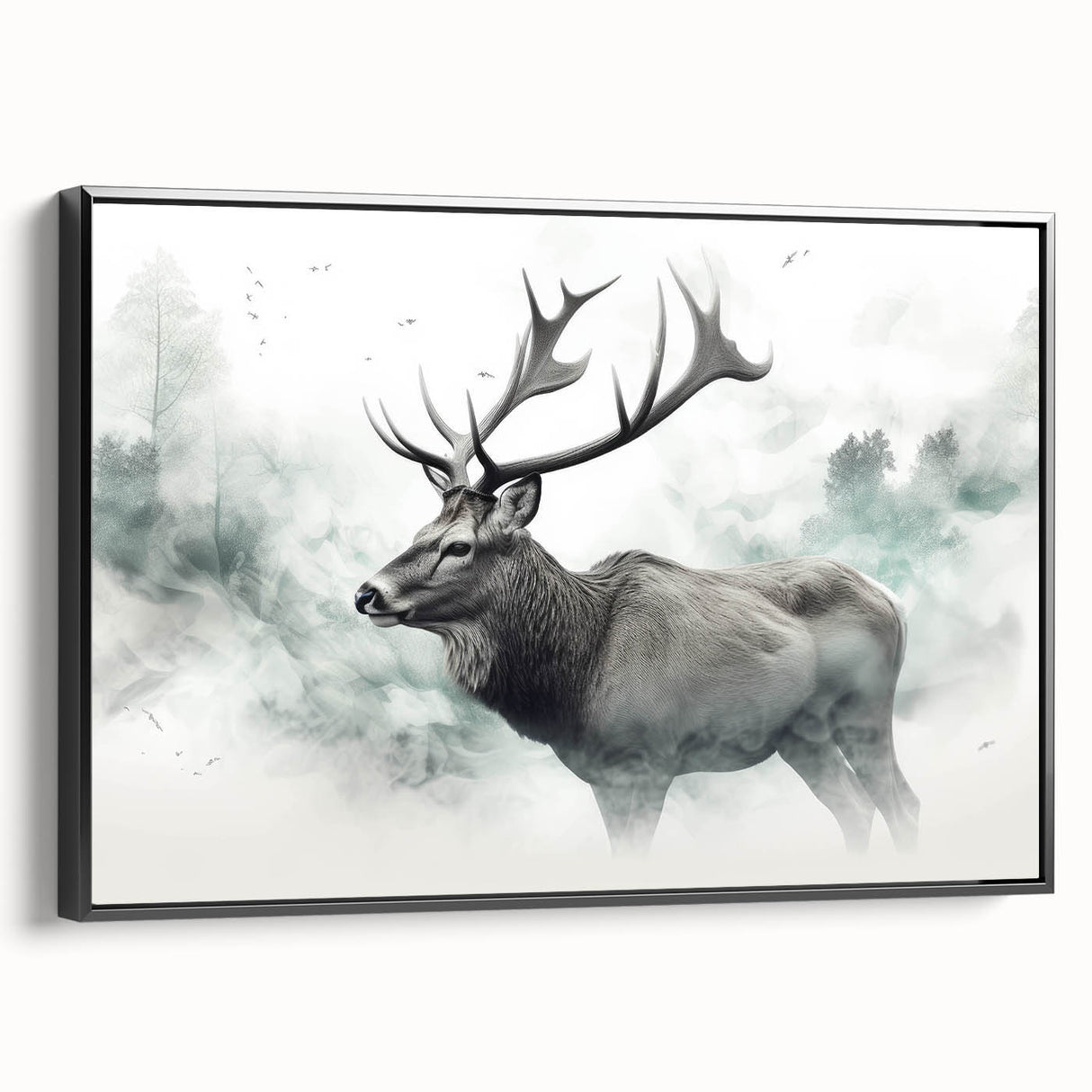 Framed canvas wall art featuring a moose and elk design in a black frame, showcasing intricate wildlife details and vibrant colors, ideal for nature enthusiasts.