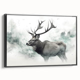 Framed canvas wall art featuring a moose and elk design in a black frame, showcasing intricate wildlife details and vibrant colors, ideal for nature enthusiasts.