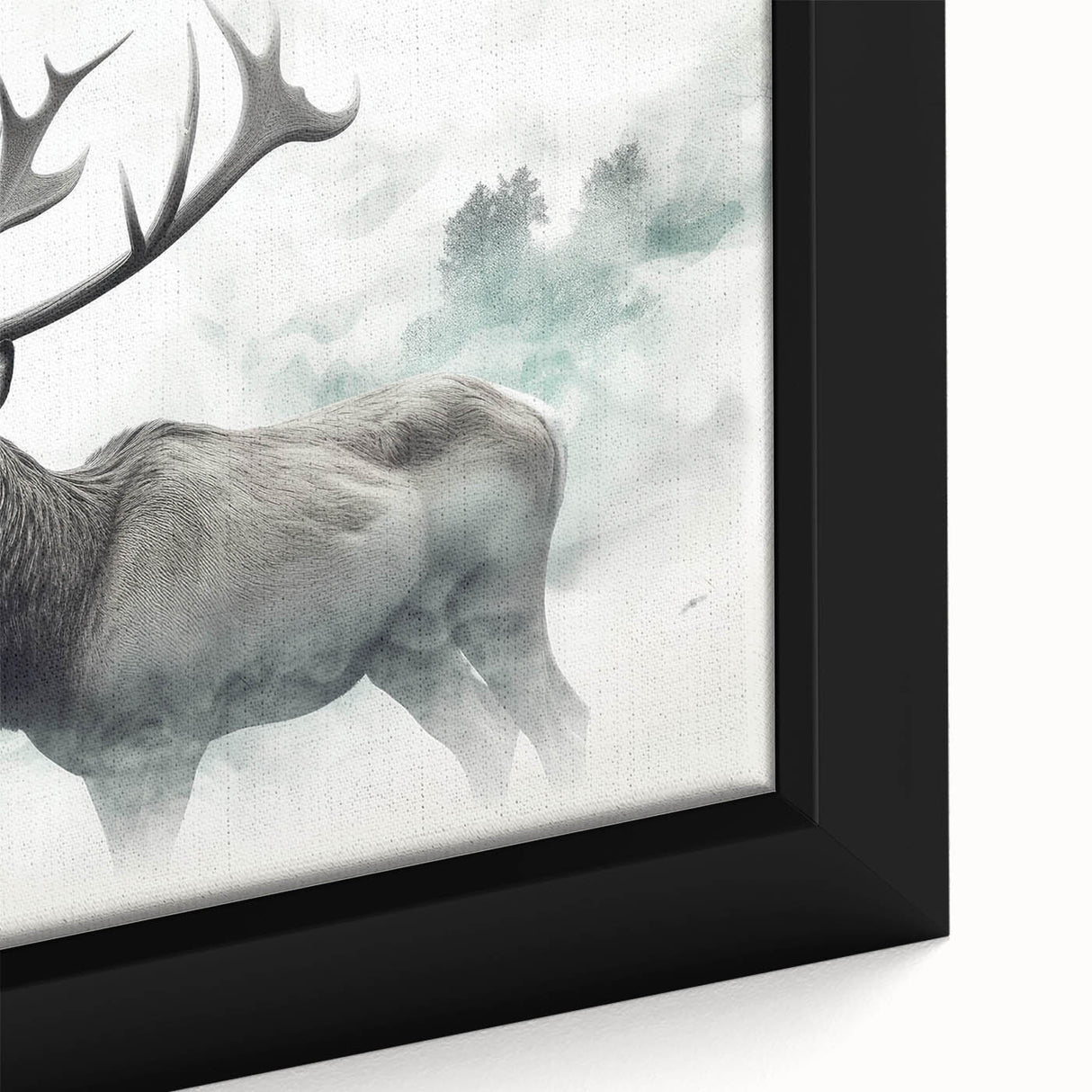 Close-up of a framed canvas wall art featuring a moose and elk design, showcasing intricate wildlife details and vibrant colors, perfect for nature enthusiasts.
