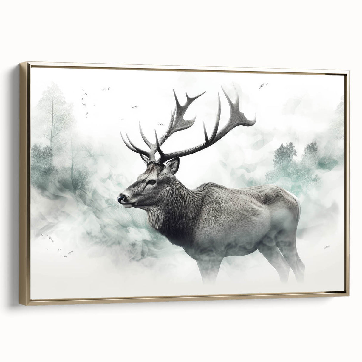 Framed wall art featuring a moose and elk design, showcasing intricate details against a gold background, perfect for nature enthusiasts and home decor lovers.