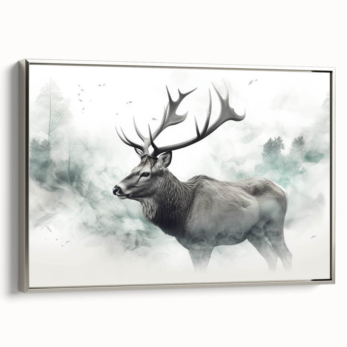 Framed canvas wall art depicting a moose and elk design in a natural setting, showcasing intricate details and a silver frame, ideal for wildlife enthusiasts.
