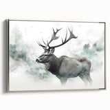 Framed canvas wall art depicting a moose and elk design in a natural setting, showcasing intricate details and a silver frame, ideal for wildlife enthusiasts.
