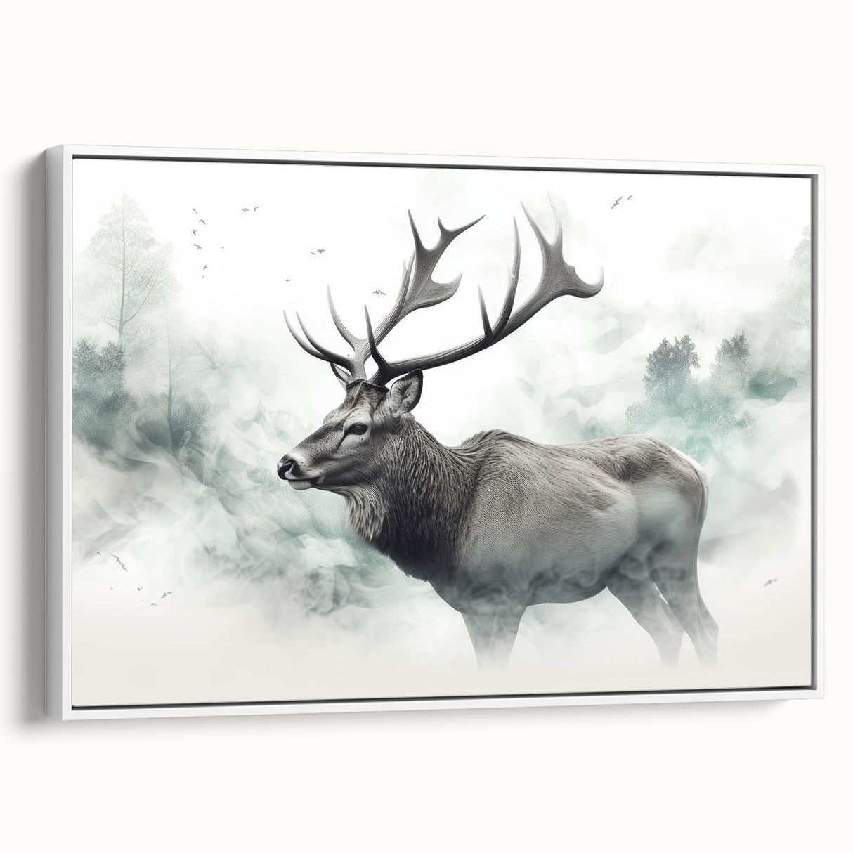 Framed wall art featuring a moose and elk design, showcasing intricate details and vibrant colors on a white background, perfect for wildlife enthusiasts.