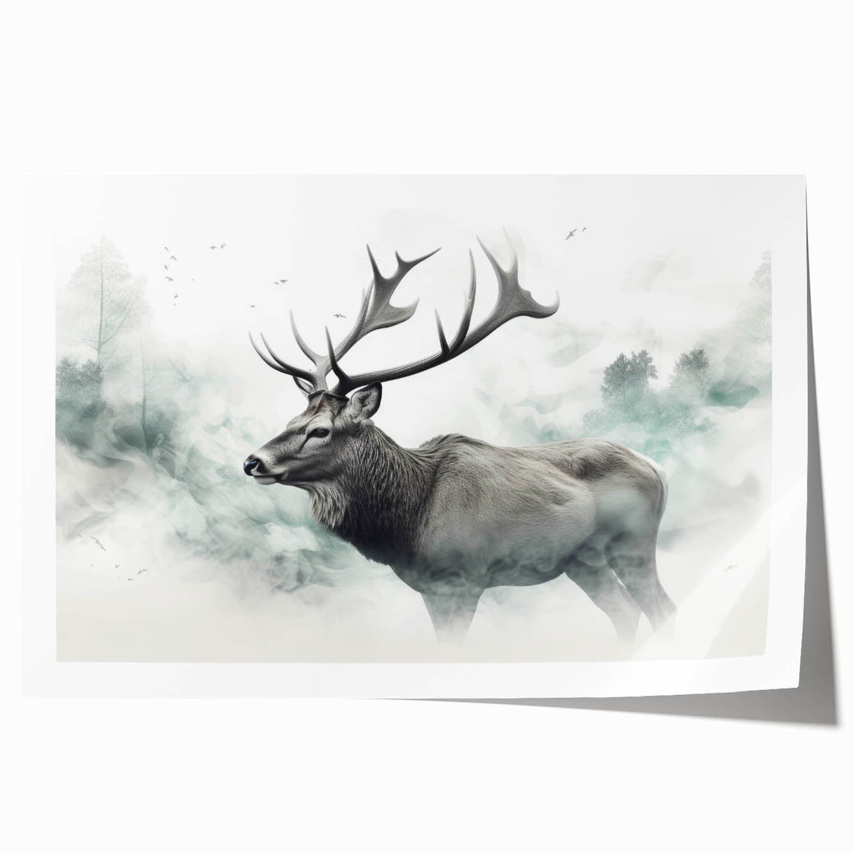 Moose and elk wall art design showcasing wildlife in vibrant colors, rolled for easy display, perfect for nature enthusiasts and home decor accents.