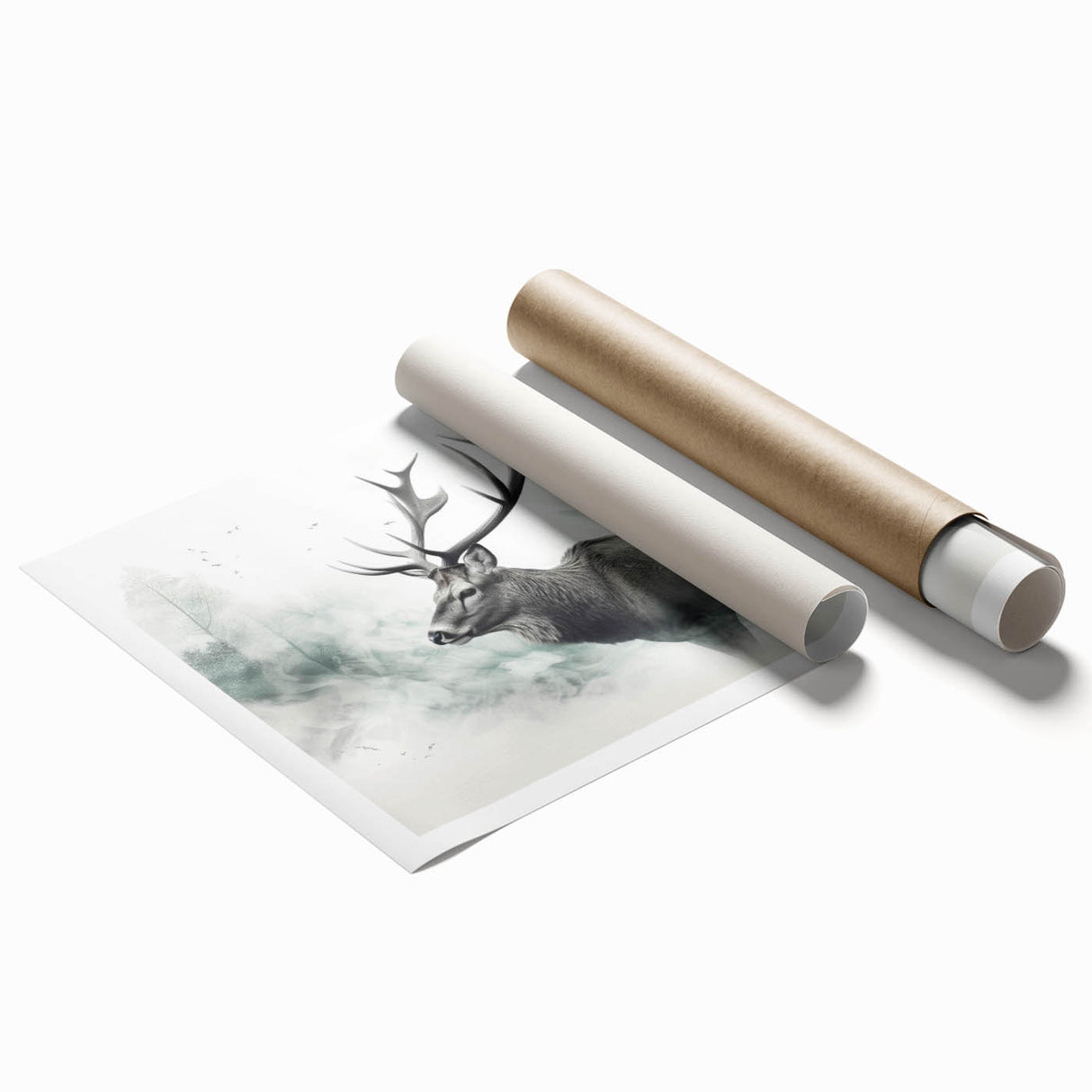 Moose and elk wildlife wall art design on rolled print, showcasing detailed illustrations of these majestic animals in a natural setting, perfect for home decor.
