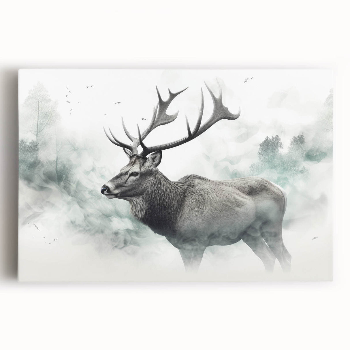 Moose and elk design stretched canvas wall art featuring a scenic wildlife depiction, perfect for nature lovers, showcasing rich colors and detailed illustration.