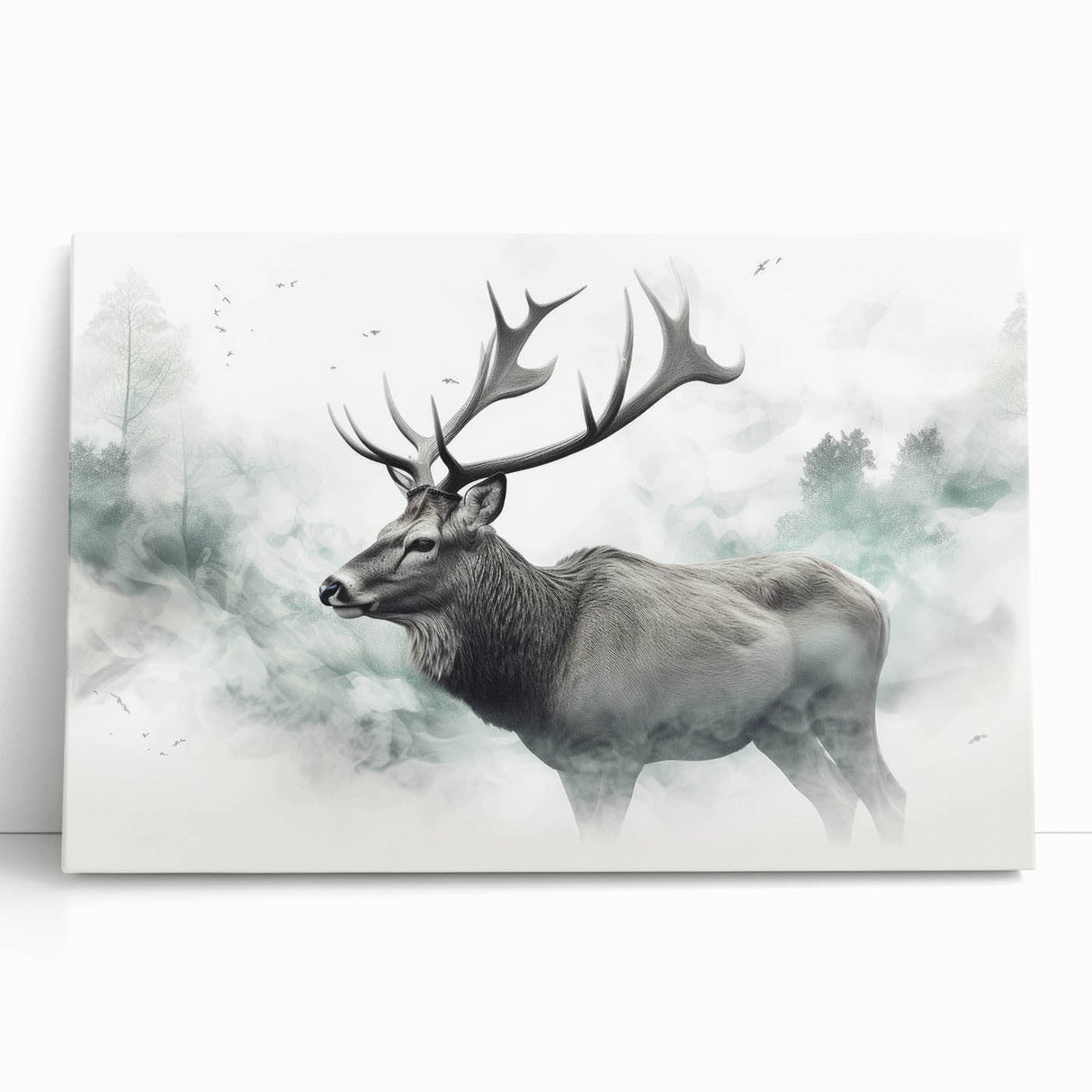 Stretched canvas wall art depicting a serene wildlife scene featuring a moose and elk in a natural setting, perfect for nature enthusiasts and home decor.