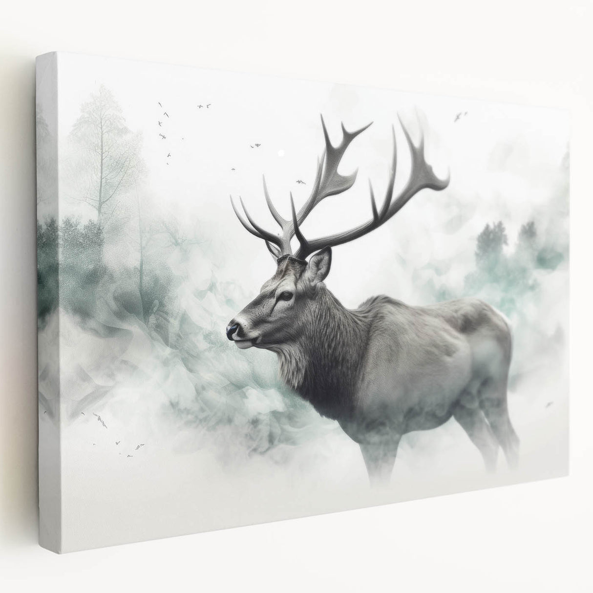 Side view of a stretched canvas wall art featuring a moose and elk design, showcasing rich colors and detailed wildlife imagery, perfect for nature enthusiasts.