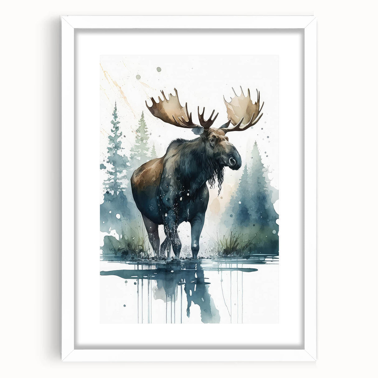 Framed wall art featuring a moose and elk design, set against a white background, showcasing intricate details and natural colors, perfect for wildlife decor enthusiasts.