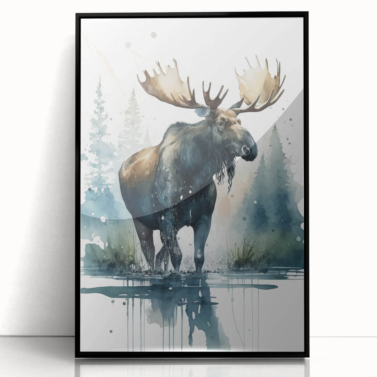 Framed acrylic wall art featuring a moose and elk design, showcasing vibrant wildlife imagery against a black background, ideal for nature enthusiasts' decor.