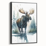 Framed canvas wall art showcasing a moose and elk design in a black frame, perfect for wildlife enthusiasts and nature-inspired decor in a modern setting.