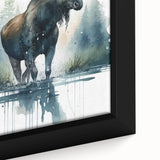 Close-up of a framed canvas wall art featuring a moose and elk design, showcasing intricate details and vibrant colors in a natural setting, perfect for wildlife enthusiasts.