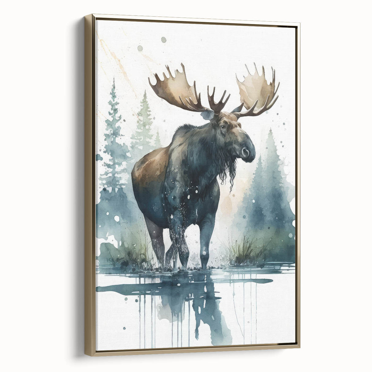 Framed canvas wall art featuring a moose and elk design, displaying intricate details and a gold frame, perfect for adding a touch of wildlife elegance to home décor.