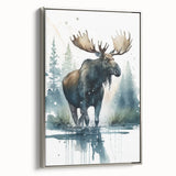 Framed canvas wall art featuring a moose and elk design in a silver frame, showcasing intricate wildlife details and vibrant colors, ideal for nature-themed decor.