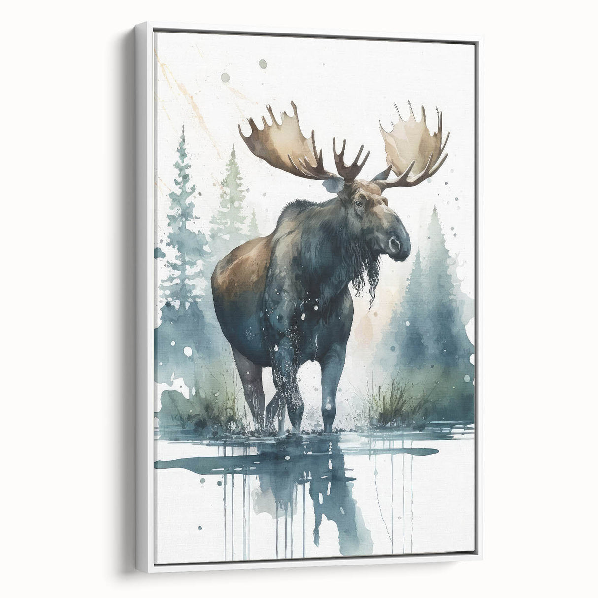 Framed canvas wall art showcasing a moose and elk design in a natural setting, featuring intricate details and vibrant colors, ideal for wildlife enthusiasts.