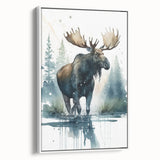 Framed canvas wall art showcasing a moose and elk design in a natural setting, featuring intricate details and vibrant colors, ideal for wildlife enthusiasts.
