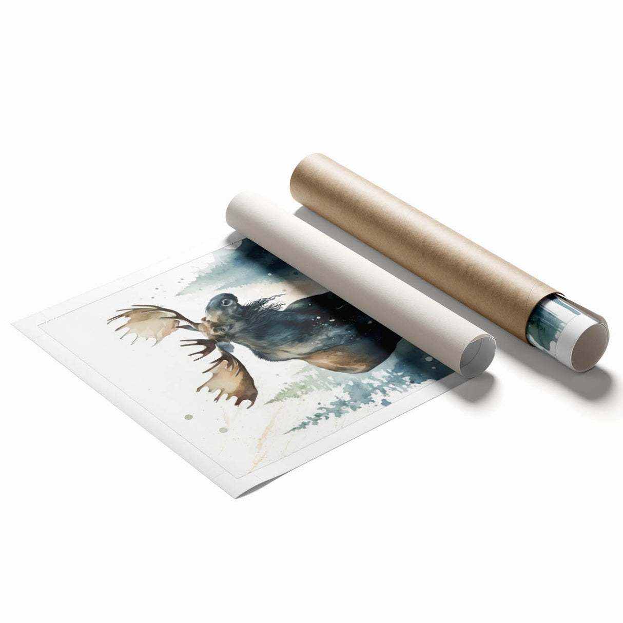 Moose and elk wall art print showcasing a vibrant forest scene with detailed animal illustrations, rolled and ready for display in a home or office setting.