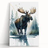 Stretched canvas wall art depicting a serene woodland scene with a moose and elk, showcasing natural colors and intricate details, ideal for nature enthusiasts.