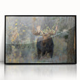 Framed wall art featuring a moose and elk design in a black frame, showcasing a serene wildlife scene, perfect for nature enthusiasts and home decor.