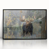 Framed wall art featuring a moose and elk design in a black frame, showcasing a serene wildlife scene, perfect for nature enthusiasts and home decor.
