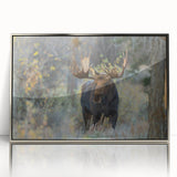 Framed wall art featuring a moose and elk design in a silver acrylic frame, showcasing detailed wildlife illustrations in a serene natural setting, perfect for nature enthusiasts.