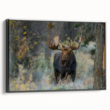 Framed canvas wall art featuring a striking moose and elk design, showcasing detailed wildlife illustrations in natural colors against a black background, perfect for nature enthusiasts.