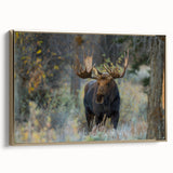 Framed canvas wall art featuring a moose and elk design, presented in a gold frame, showcasing wildlife themes for nature enthusiasts. Ideal for home decor.